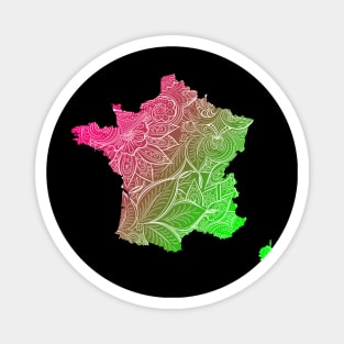 Colorful mandala art map of France with text in pink and green Magnet